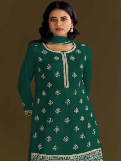 Teal Green Chinon Elegant Embroidery Palazzo Suit Set - BONYHUBSALWAR KAMEEZ