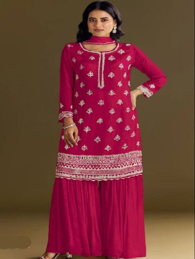 Magenta Pink Chinon Elegant Embroidery Palazzo Suit Set - BONYHUBSALWAR KAMEEZ