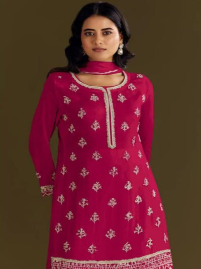 Magenta Pink Chinon Elegant Embroidery Palazzo Suit Set - BONYHUBSALWAR KAMEEZ