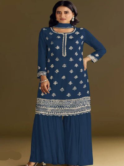 Peacock Blue Chinon Elegant Embroidery Palazzo Suit Set - BONYHUBSALWAR KAMEEZ