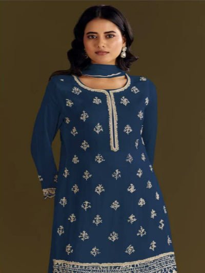 Peacock Blue Chinon Elegant Embroidery Palazzo Suit Set - BONYHUBSALWAR KAMEEZ