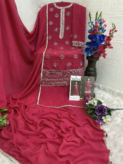 Magenta Pink Chinon Elegant Embroidery Palazzo Suit Set - BONYHUBSALWAR KAMEEZ