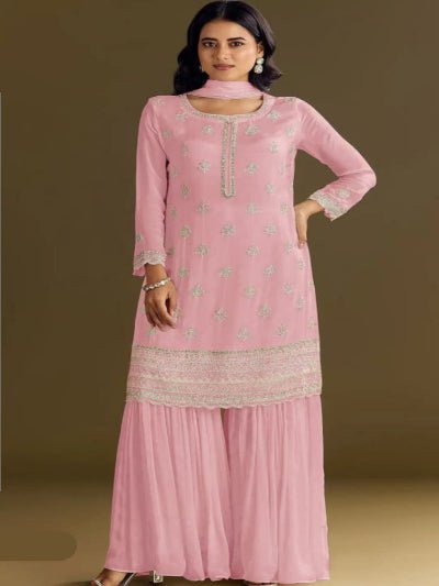 Baby Pink Chinon Elegant Embroidery Palazzo Suit Set - BONYHUBSALWAR KAMEEZ