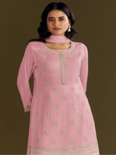 Baby Pink Chinon Elegant Embroidery Palazzo Suit Set - BONYHUBSALWAR KAMEEZ