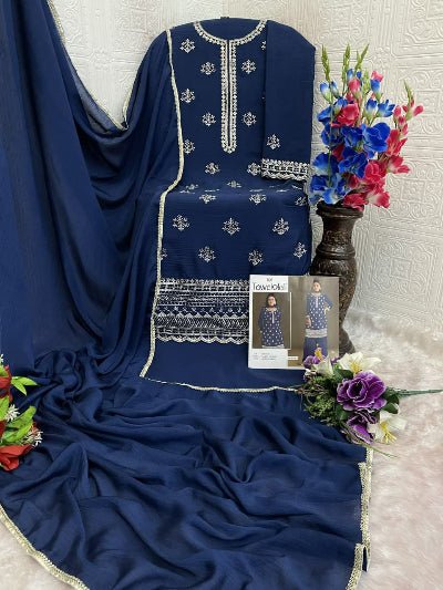 Peacock Blue Chinon Elegant Embroidery Palazzo Suit Set - BONYHUBSALWAR KAMEEZ