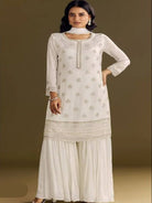 White Chinon Elegant Embroidery Palazzo Suit Set - BONYHUBSALWAR KAMEEZ