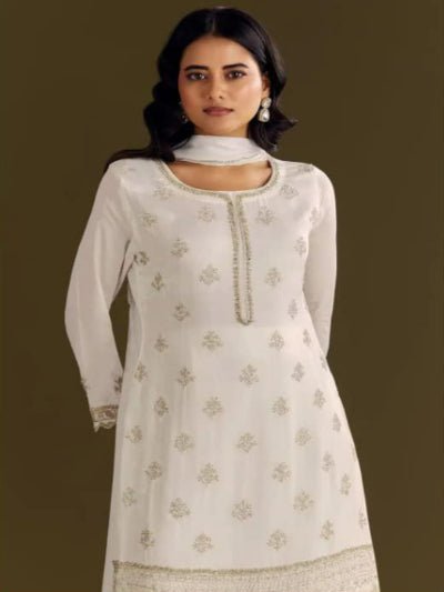 White Chinon Elegant Embroidery Palazzo Suit Set - BONYHUBSALWAR KAMEEZ