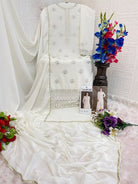 White Chinon Elegant Embroidery Palazzo Suit Set - BONYHUBSALWAR KAMEEZ