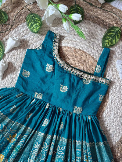 Kids Peacock Teal Jacquard Festive Gown