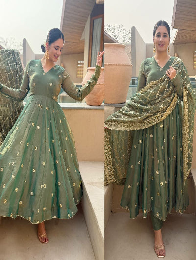 Dusty Olive Green Gold Embroidered Anarkali Suit