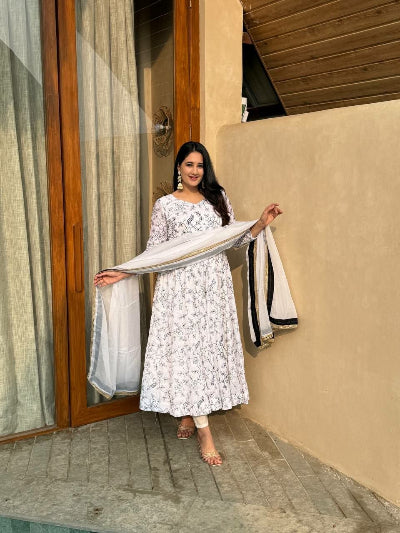 White Floral Vichitra Silk Anarkali Suit Set