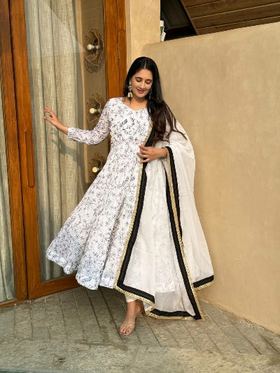 White Floral Vichitra Silk Anarkali Suit Set