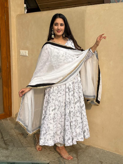 White Floral Vichitra Silk Anarkali Suit Set