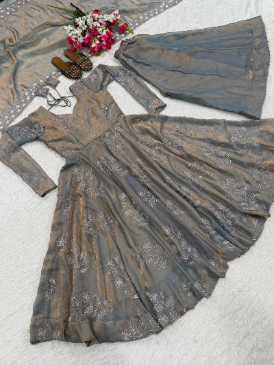 Metallic Grey Fendy Silk Embroidered Anarkali Suit