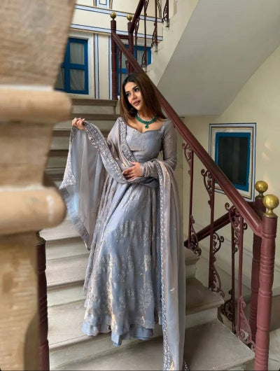 Metallic Grey Fendy Silk Embroidered Anarkali Suit