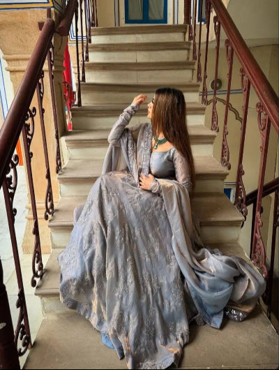 Metallic Grey Fendy Silk Embroidered Anarkali Suit