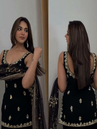Black Sleeveless Georgette Sequence Work Sharara Palazzo Suit