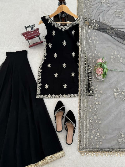 Black Sleeveless Georgette Sequence Work Sharara Palazzo Suit