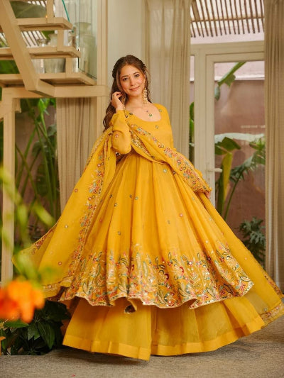 Mustard Yellow Sequence Work Anarkali Suit