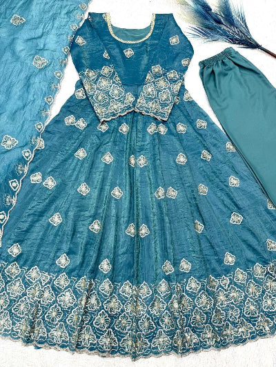 Gold Crush Silk Embroidered Anarkali Suit – Lilac &amp; Teal Blue