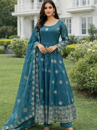 Gold Crush Silk Embroidered Anarkali Suit – Lilac &amp; Teal Blue