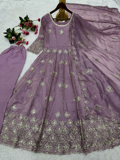 Gold Crush Silk Embroidered Anarkali Suit – Lilac &amp; Teal Blue