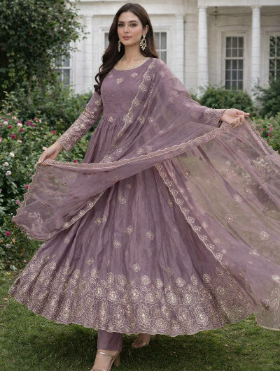 Gold Crush Silk Embroidered Anarkali Suit – Lilac &amp; Teal Blue