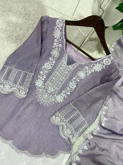 Dusty Lilac Chinon Embroidery Trouser Suit Set