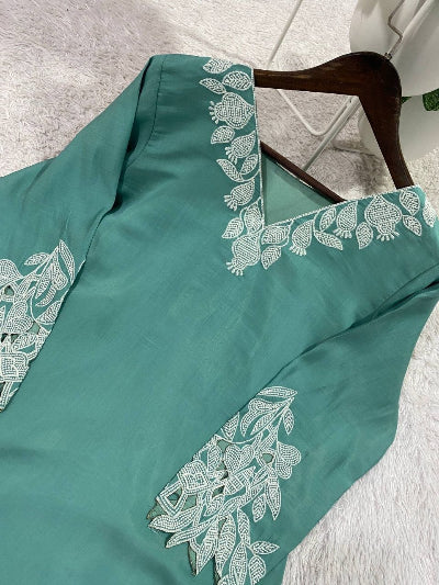 Dusty Green Cotton Embroidery Kurti Pant Set Of 2