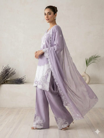 Dusty Lilac Chinon Embroidery Trouser Suit Set