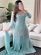 Pastel Powder Blue Georgette Embroidery Sharara Suit Set - BONYHUBSALWAR KAMEEZ