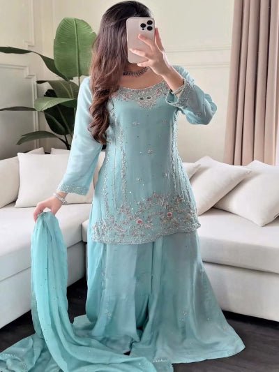 Pastel Powder Blue Georgette Embroidery Sharara Suit Set - BONYHUBSALWAR KAMEEZ