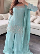 Pastel Powder Blue Georgette Embroidery Sharara Suit Set - BONYHUBSALWAR KAMEEZ