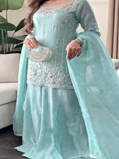 Pastel Powder Blue Georgette Embroidery Sharara Suit Set - BONYHUBSALWAR KAMEEZ
