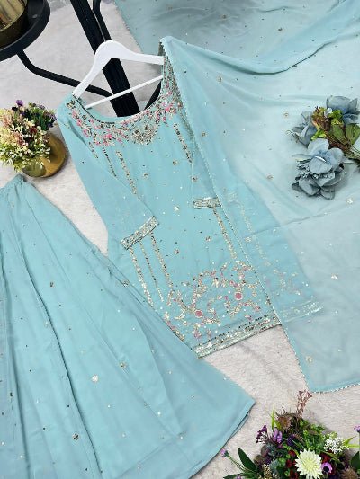 Pastel Powder Blue Georgette Embroidery Sharara Suit Set - BONYHUBSALWAR KAMEEZ