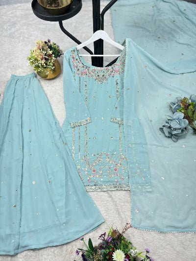 Pastel Powder Blue Georgette Embroidery Sharara Suit Set - BONYHUBSALWAR KAMEEZ