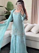 Pastel Powder Blue Georgette Embroidery Sharara Suit Set - BONYHUBSALWAR KAMEEZ