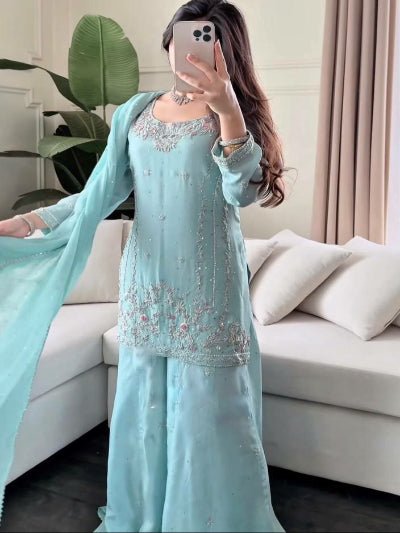 Pastel Powder Blue Georgette Embroidery Sharara Suit Set - BONYHUBSALWAR KAMEEZ
