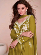 Olive Green Chinon Silk Alia Cut Anarkali Suit Set - BONYHUBSALWAR KAMEEZ