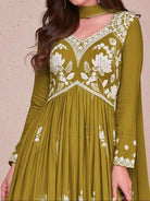 Olive Green Chinon Silk Alia Cut Anarkali Suit Set - BONYHUBSALWAR KAMEEZ