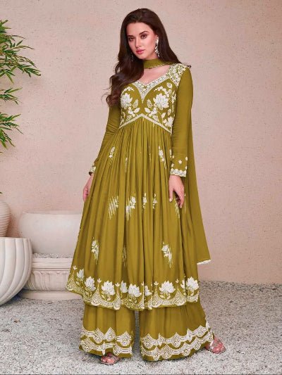 Olive Green Chinon Silk Alia Cut Anarkali Suit Set - BONYHUBSALWAR KAMEEZ