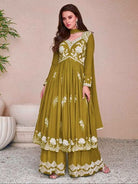 Olive Green Chinon Silk Alia Cut Anarkali Suit Set - BONYHUBSALWAR KAMEEZ
