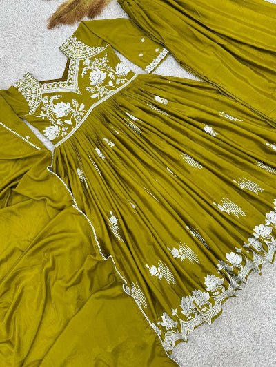 Olive Green Chinon Silk Alia Cut Anarkali Suit Set - BONYHUBSALWAR KAMEEZ