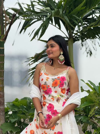 White Chinon Silk Floral Sleeveless Sharara Palazzo Suit - BONYHUBSALWAR KAMEEZ