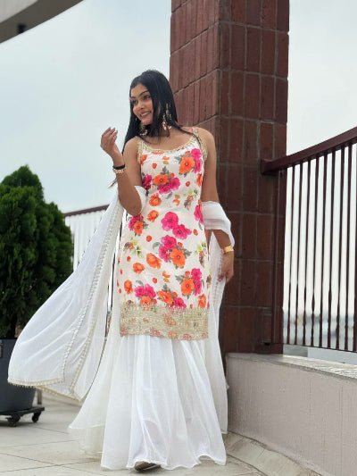 White Chinon Silk Floral Sleeveless Sharara Palazzo Suit - BONYHUBSALWAR KAMEEZ