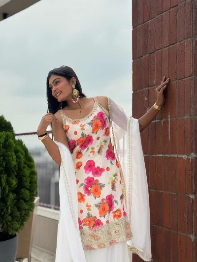 White Chinon Silk Floral Sleeveless Sharara Palazzo Suit - BONYHUBSALWAR KAMEEZ