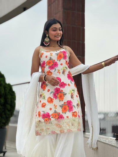White Chinon Silk Floral Sleeveless Sharara Palazzo Suit - BONYHUBSALWAR KAMEEZ