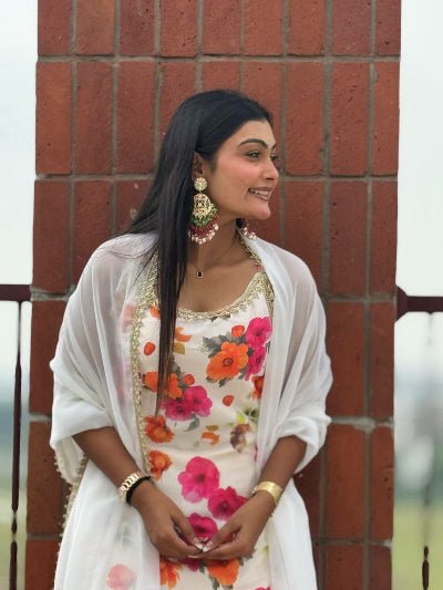 White Chinon Silk Floral Sleeveless Sharara Palazzo Suit - BONYHUBSALWAR KAMEEZ
