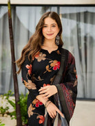Black Silk Blend Floral Salwar Suit Set - BONYHUBSALWAR KAMEEZ