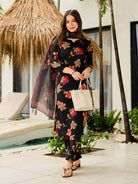 Black Silk Blend Floral Salwar Suit Set - BONYHUBSALWAR KAMEEZ